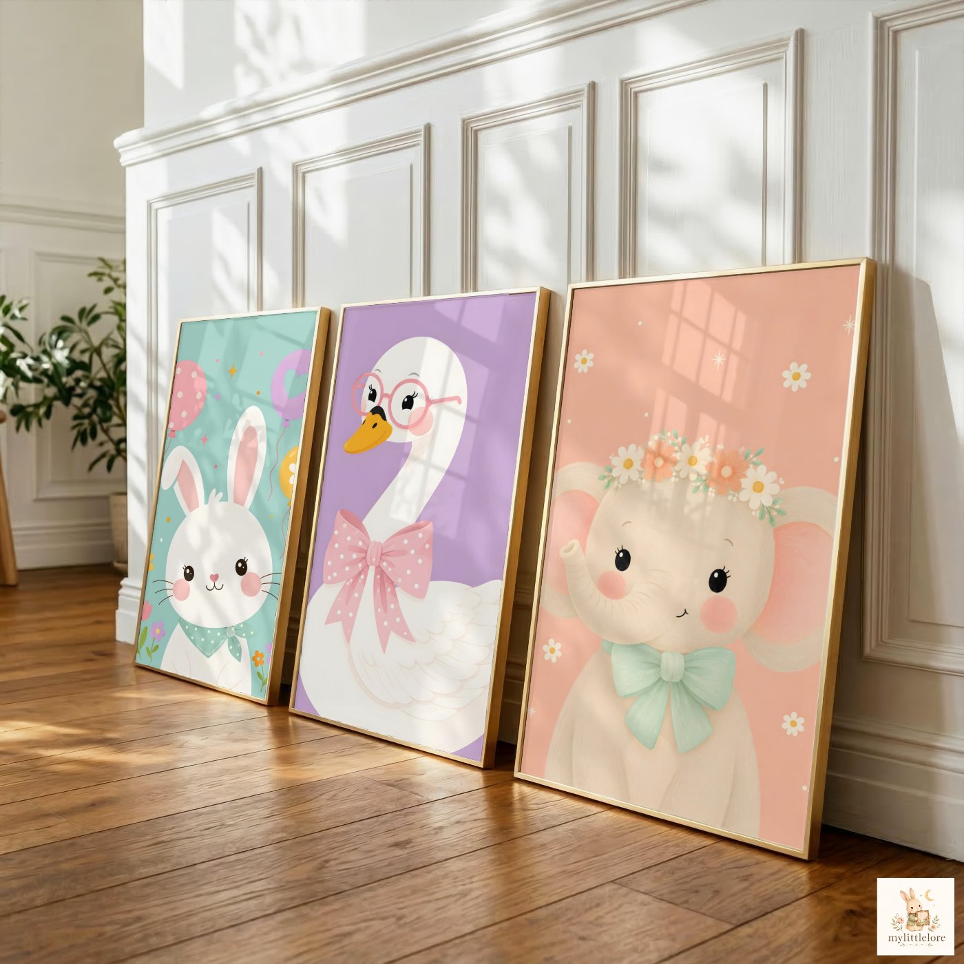 Three framed Girls Playroom prints leaning against a panelled wall