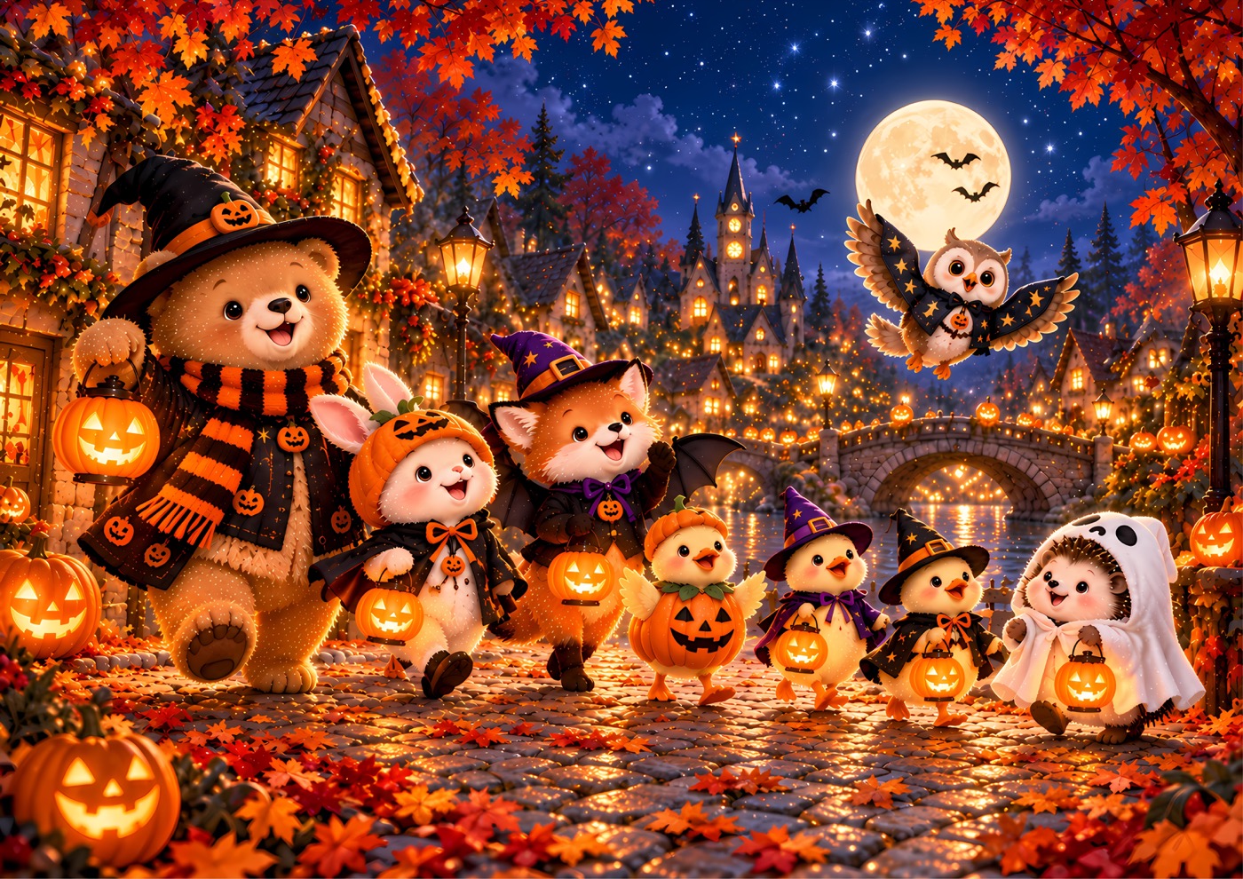 Happy Halloween printable: A bear, bunny, fox, three ducklings, hedgehog and flying owl in Halloween costumes in a lantern-lit village under a full moon.
