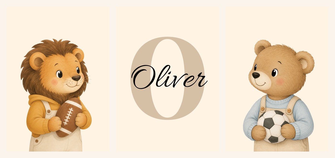 The three Cub Sports Name Set prints side by side, lion cub in overalls, initial-and-name print and teddy bear in overalls