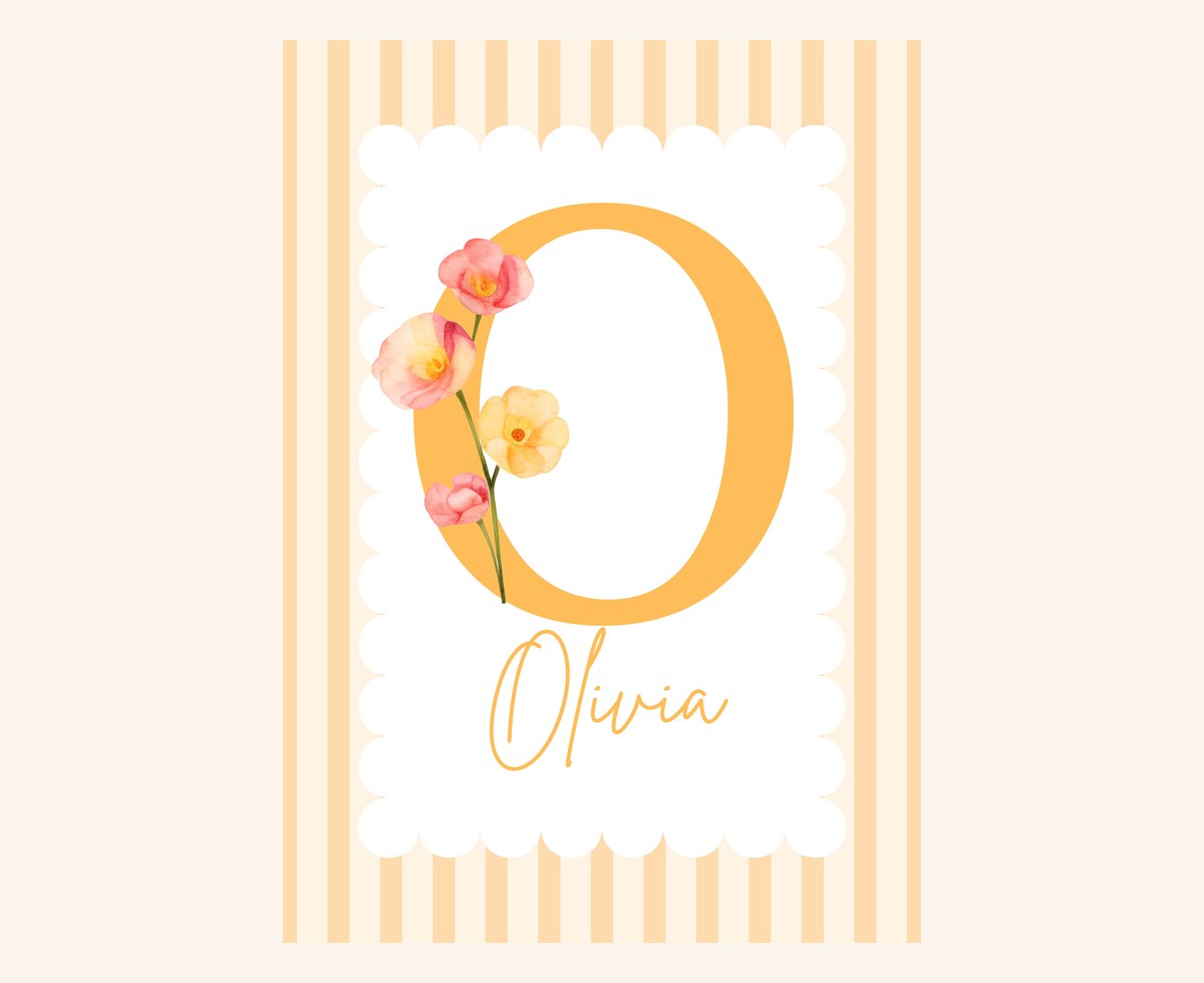 The Apricot Stripe Name Print on its own, an apricot initial with a coral and yellow flower spray on a candy-stripe scalloped card