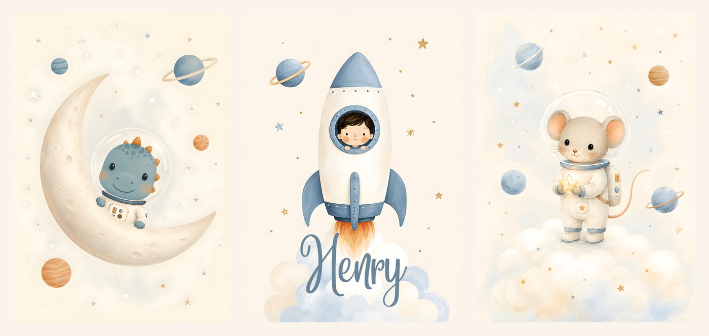 The three Little Astronauts Name Set prints side by side, dinosaur astronaut, rocket name print and mouse astronaut