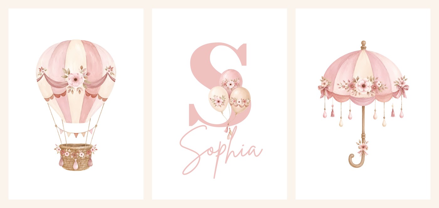 The three Blush Balloon Name Set prints side by side, balloon, name print and parasol