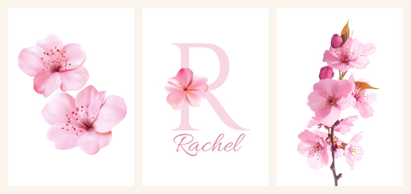 The three Cherry Blossom Name Set prints side by side — blossoms, branch and name print