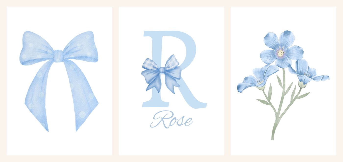 The three Powder Blue Bow Name Set prints side by side, the polka-dot bow, the personalised name print and the flax flower spray