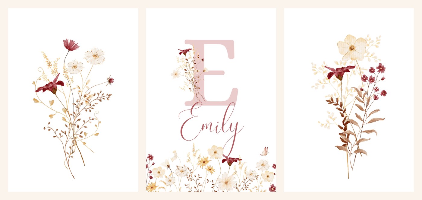 The three Dried Bloom Name Set prints side by side, dried wildflower bouquet, initial-and-name print and wildflower sprig