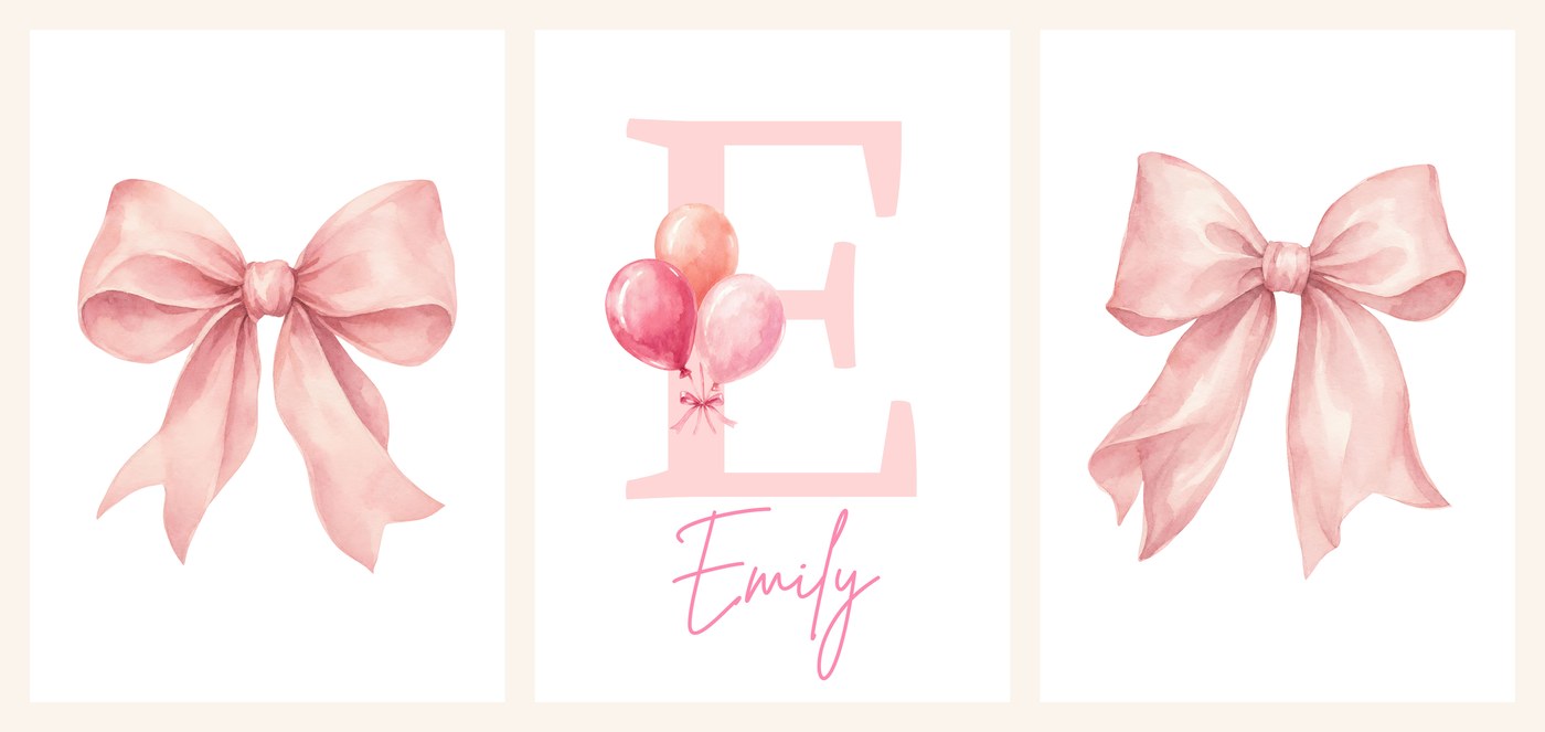 The three Coral Balloon Bow Name Set prints side by side, bow, name print with balloons and matching bow