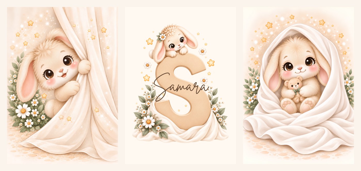 The three Little Bunny Name Set prints side by side, curtain print, name print and blanket print