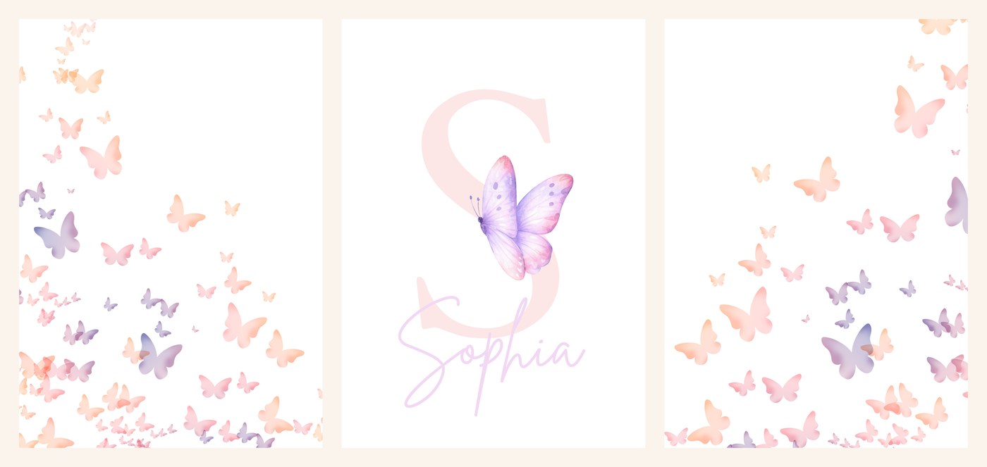The three Butterfly Flutter Name Set prints side by side, butterfly swirl, name print and second butterfly swirl