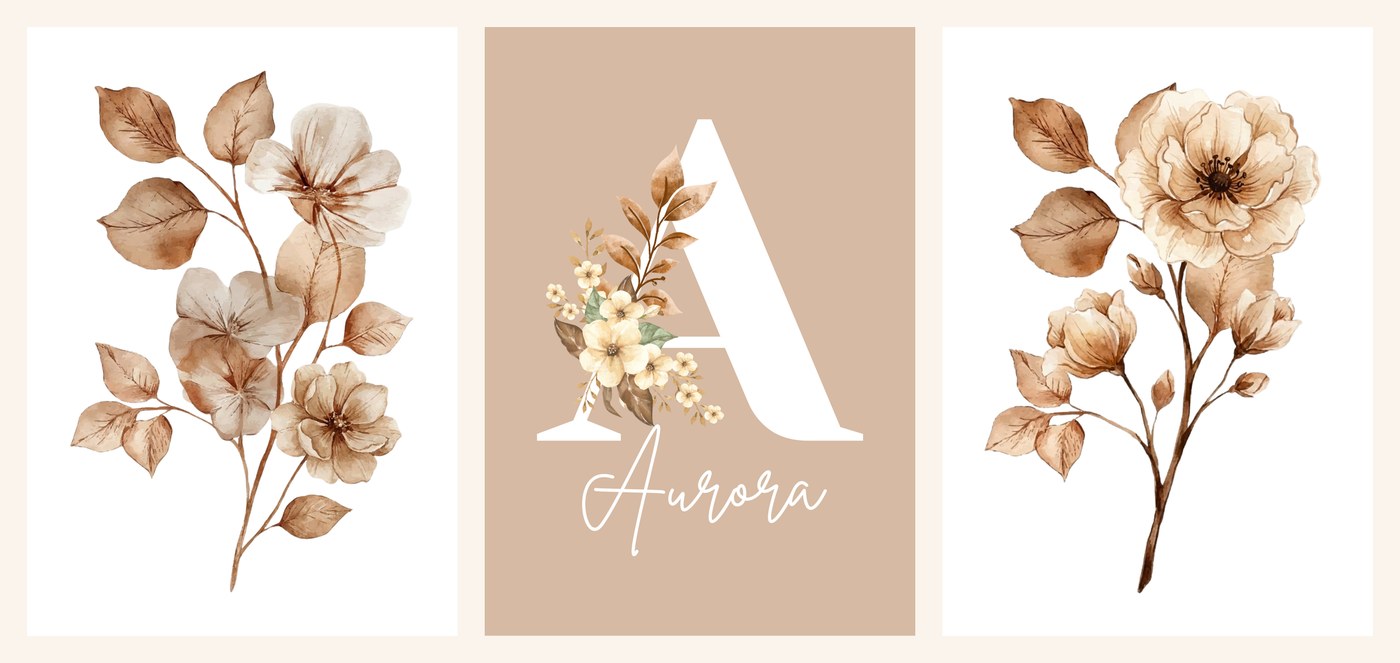 The three Caramel Bloom Name Set prints side by side, bloom print, name print and second bloom print
