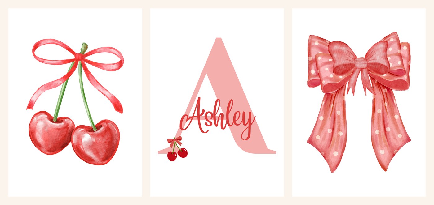 The three Cherry Bow Name Set prints side by side, cherries, name print and polka-dot bow
