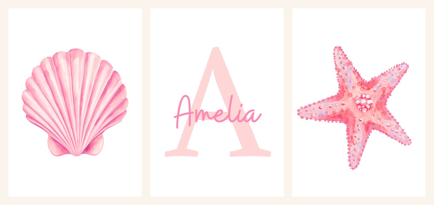 The three Pink Coastal Shell Name Set prints side by side, shell, name print and starfish
