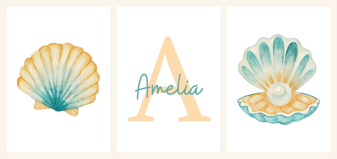 The three Teal Gold Coastal Name Set prints side by side, shell, name print and pearl shell