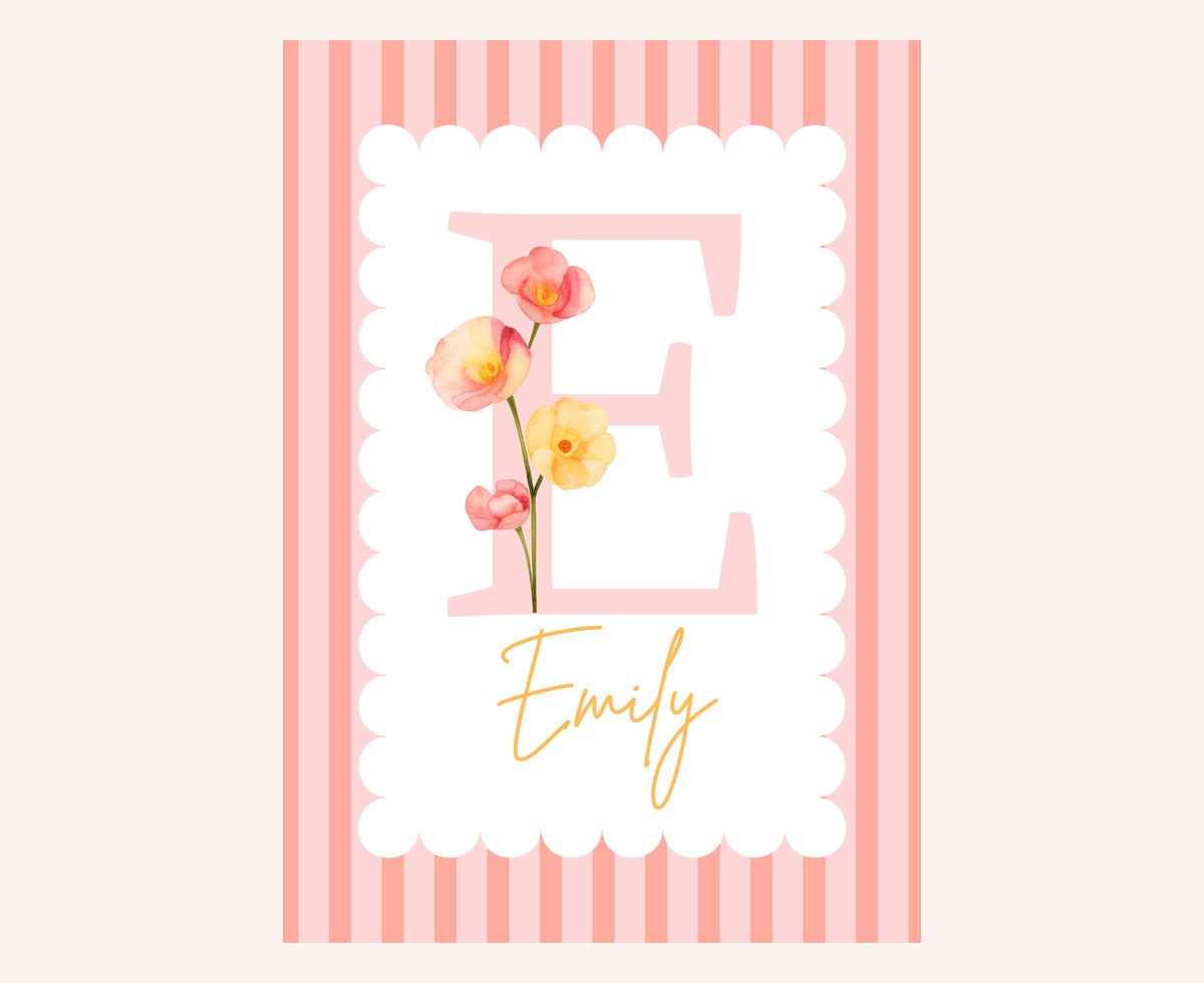 The Coral Stripe Name Print on its own, a pale pink initial with a coral and yellow flower spray on a candy-stripe scalloped card