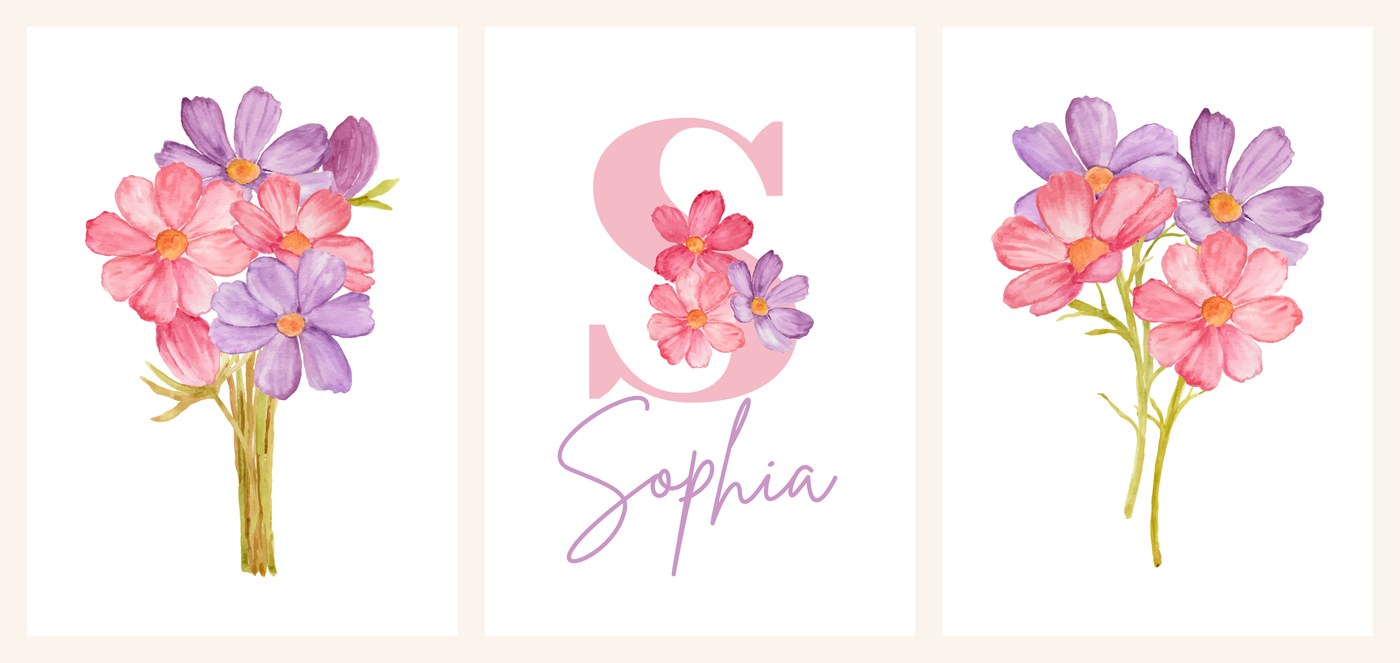 The three Cosmos Floral Name Set prints side by side — two bouquets and the name print