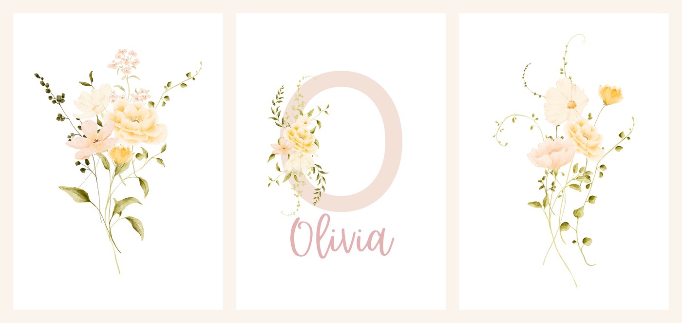 The three Cream Floral Name Set prints side by side, bouquet, name print and second bouquet
