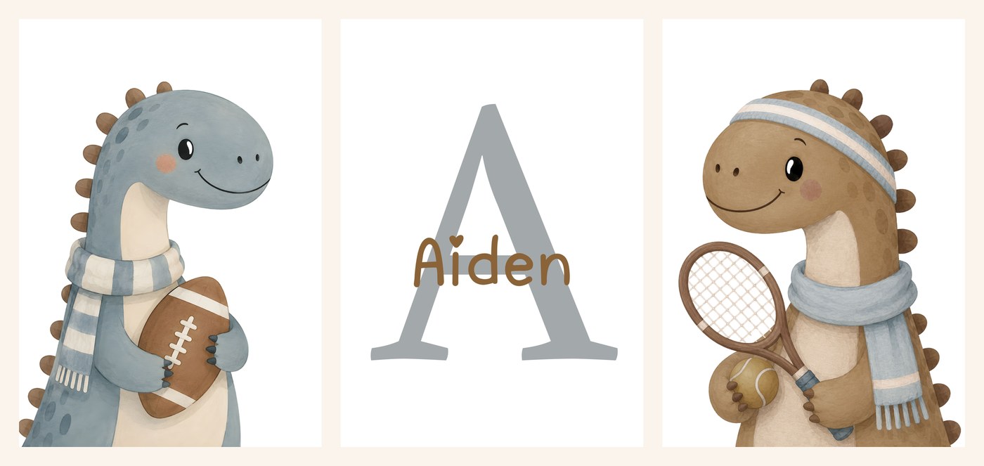 The three Dino Sports Name Set prints side by side, the football dinosaur, the personalised name print and the tennis dinosaur