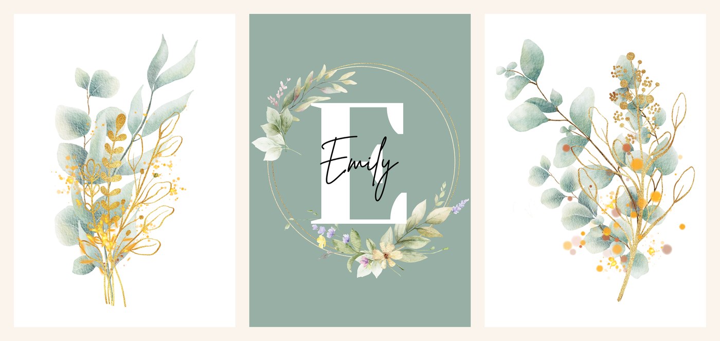 The three Sage Eucalyptus Name Set prints side by side, eucalyptus sprig print, name print and eucalyptus and gold branch print
