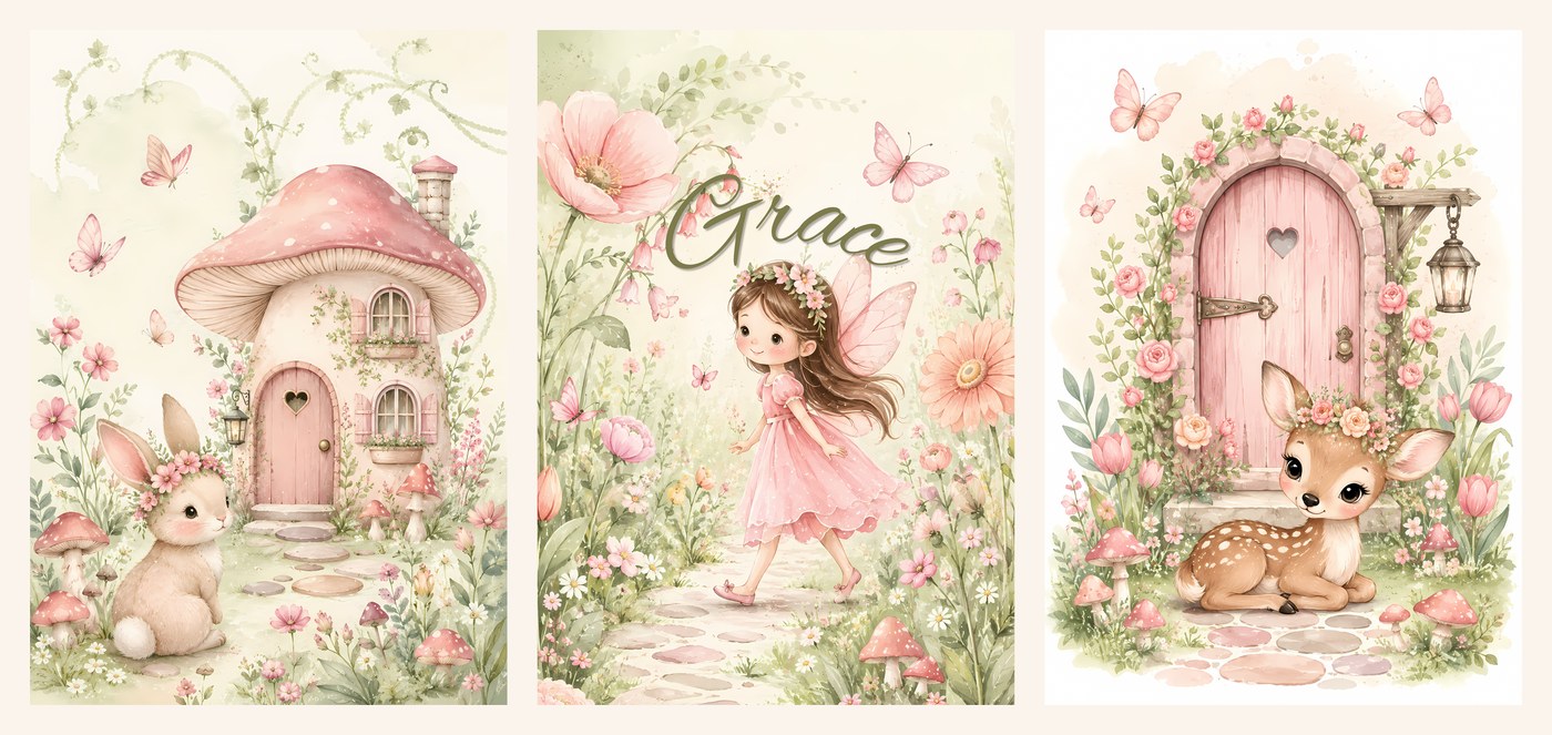 The three Fairy Garden Name Set prints side by side, cottage, name print and fairy door