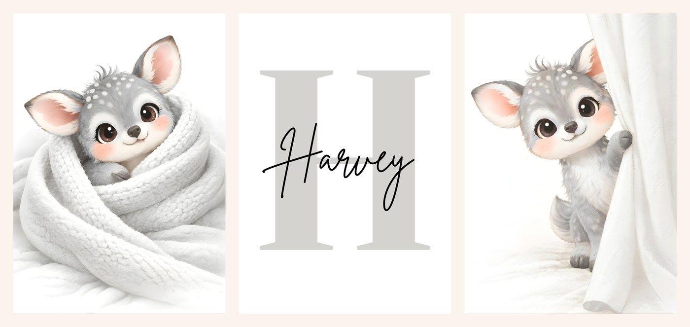The three Little Fawn Name Set prints side by side, blanket print, name print and curtain print