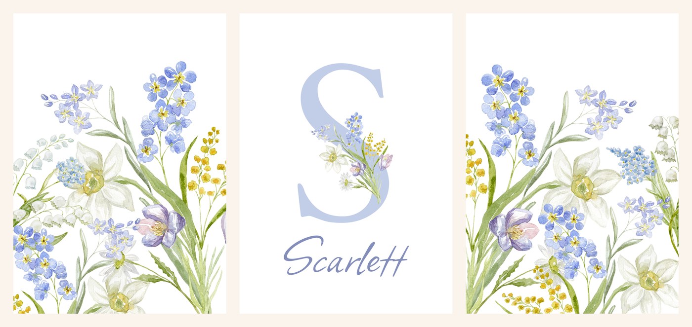 The three Forget-Me-Not Name Set prints side by side, bouquet print, name print and mimosa print