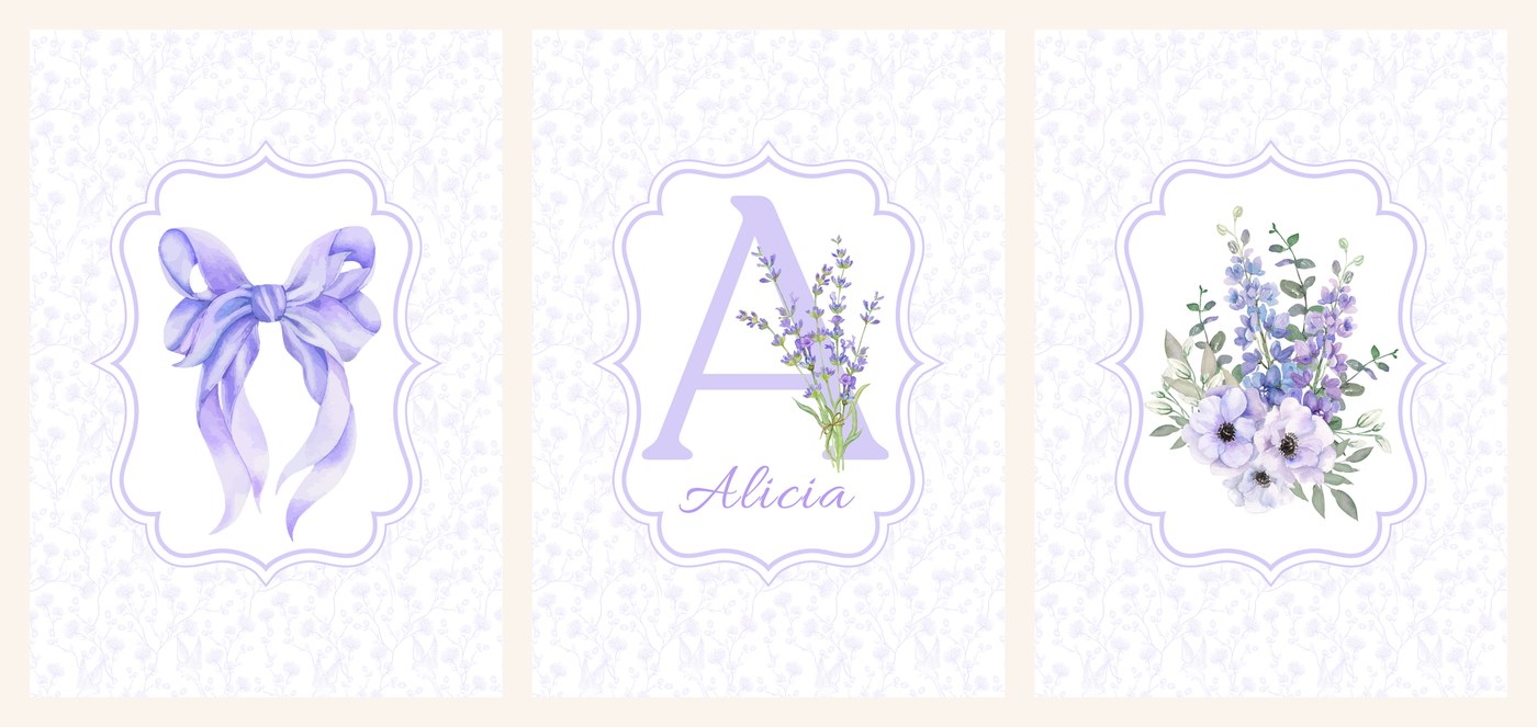 The three Lilac Bow Name Set prints side by side — lavender bow, name badge and anemone bouquet