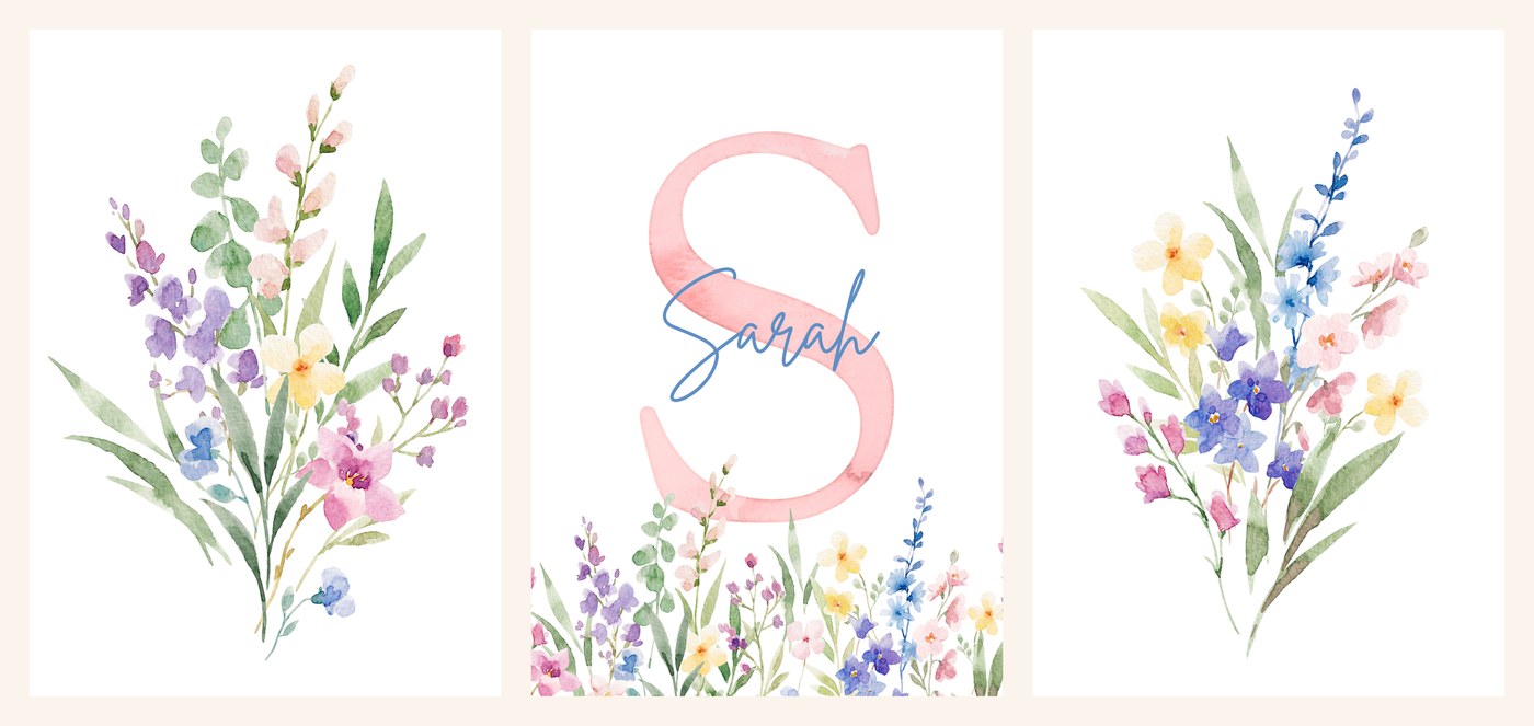 The three Pastel Bloom Name Set prints side by side, the personalised name print between two different wildflower bouquets