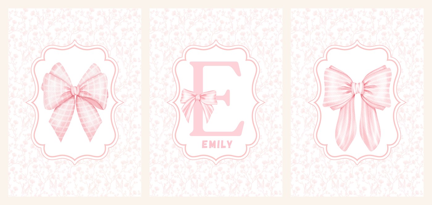 The three Pink Bow Name Set prints side by side — plaid bow, name badge and striped bow
