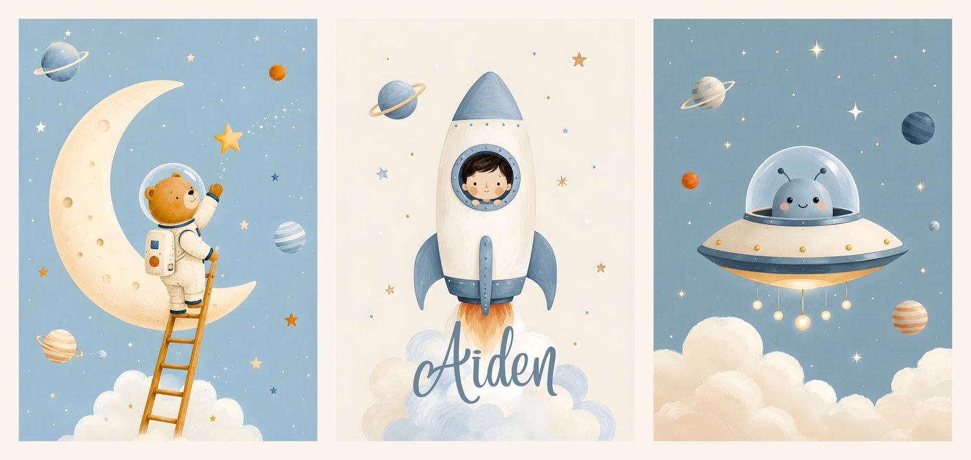 The three Rocket Bear Name Set prints side by side, bear astronaut, rocket name print and alien UFO