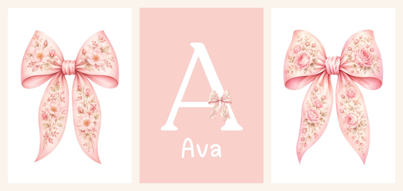 The three Rosette Bow Name Set prints side by side, wildflower bow, name print and rosette bow