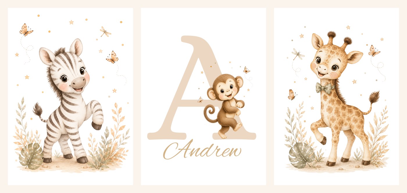 The three Safari Friends Name Set prints side by side, zebra, name print and giraffe