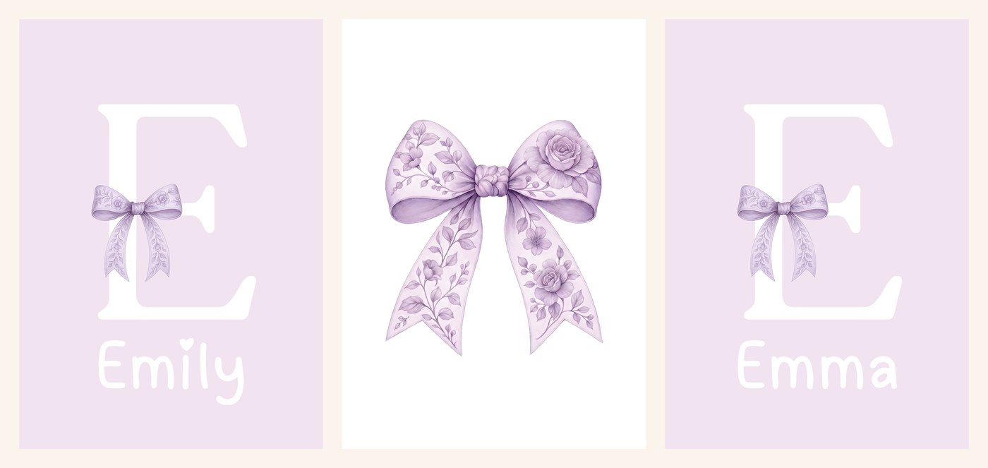 The three Lilac Bow Sisters Name Set prints side by side, the Emily name print, the lilac bow and the Emma name print