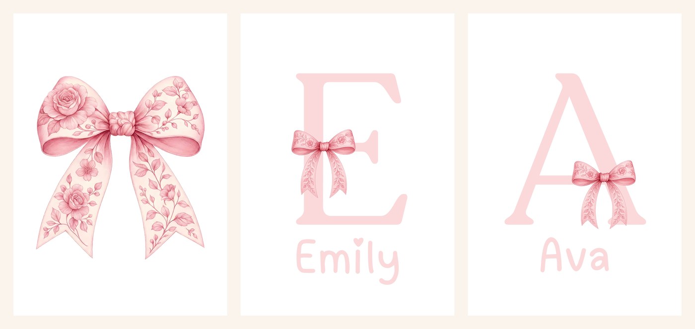 The three Rose Bow Sisters Name Set prints side by side, Ava's name print, the shared bow and Emily's name print