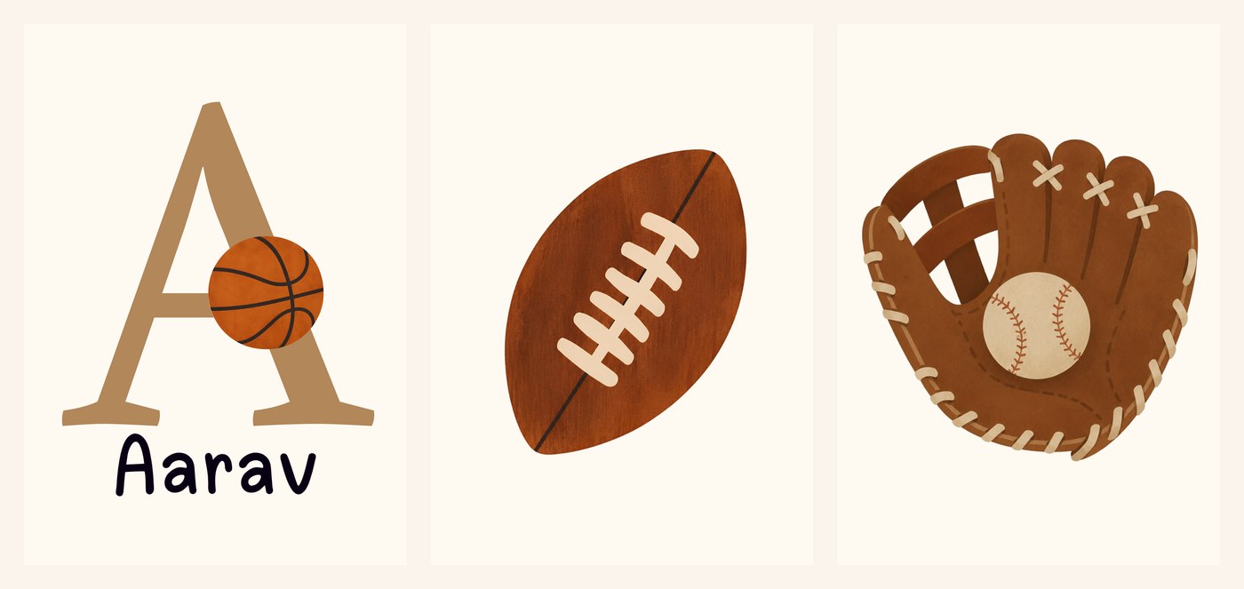 The three All-Star Sports Name Set prints side by side, initial-and-name basketball print, football and baseball glove
