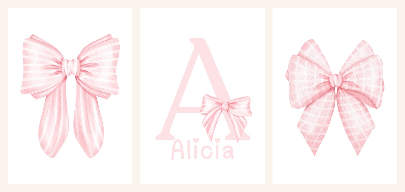 The three Candy Stripe Bow Name Set prints side by side, a pink stripe bow, the initial-and-name print and a pink gingham-check bow