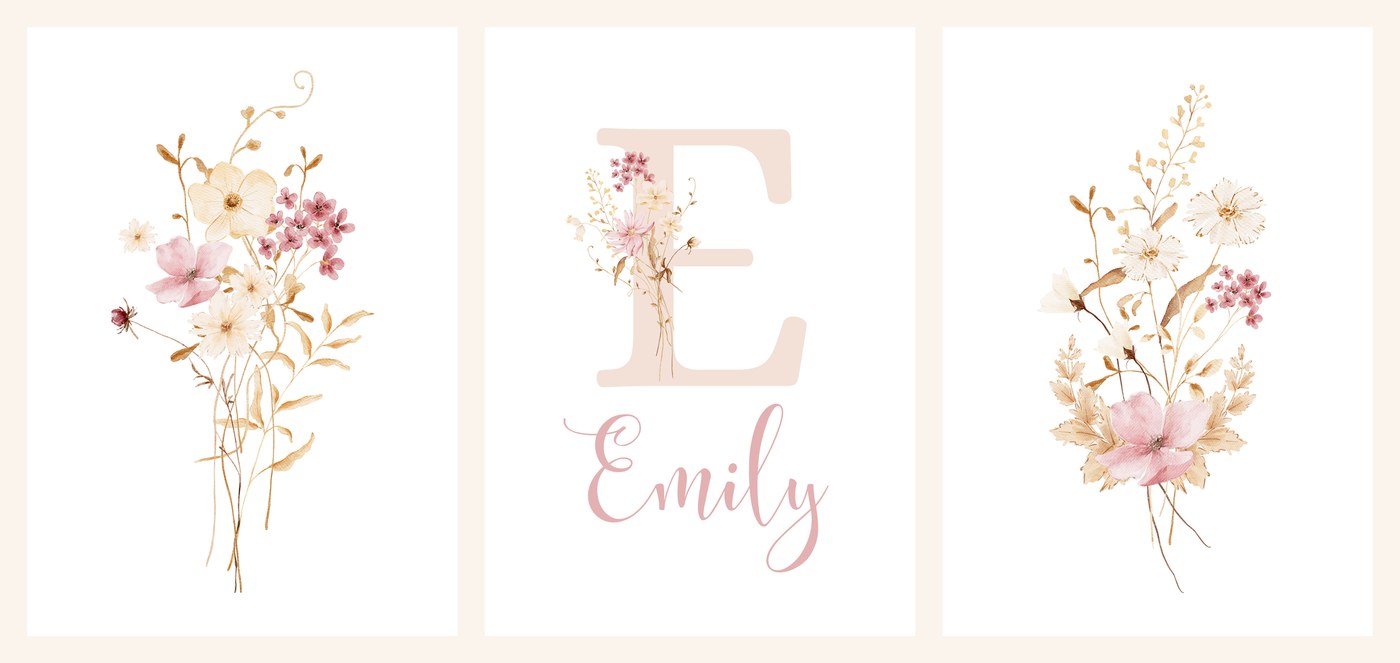 The three Burgundy Wildflower Name Set prints side by side, bouquet, name print and sprig