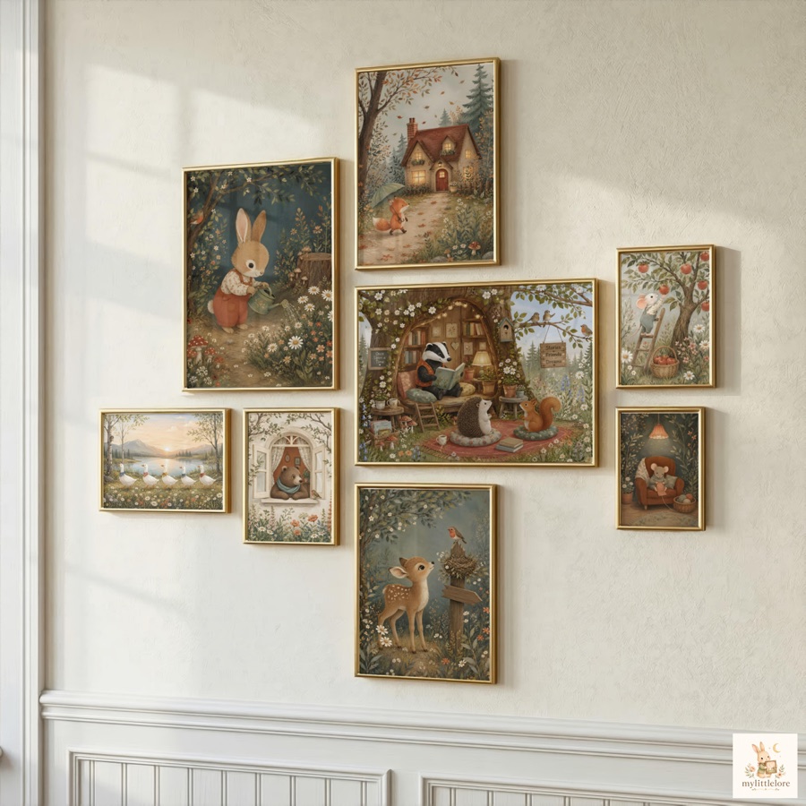 Woodland prints on a picture rail