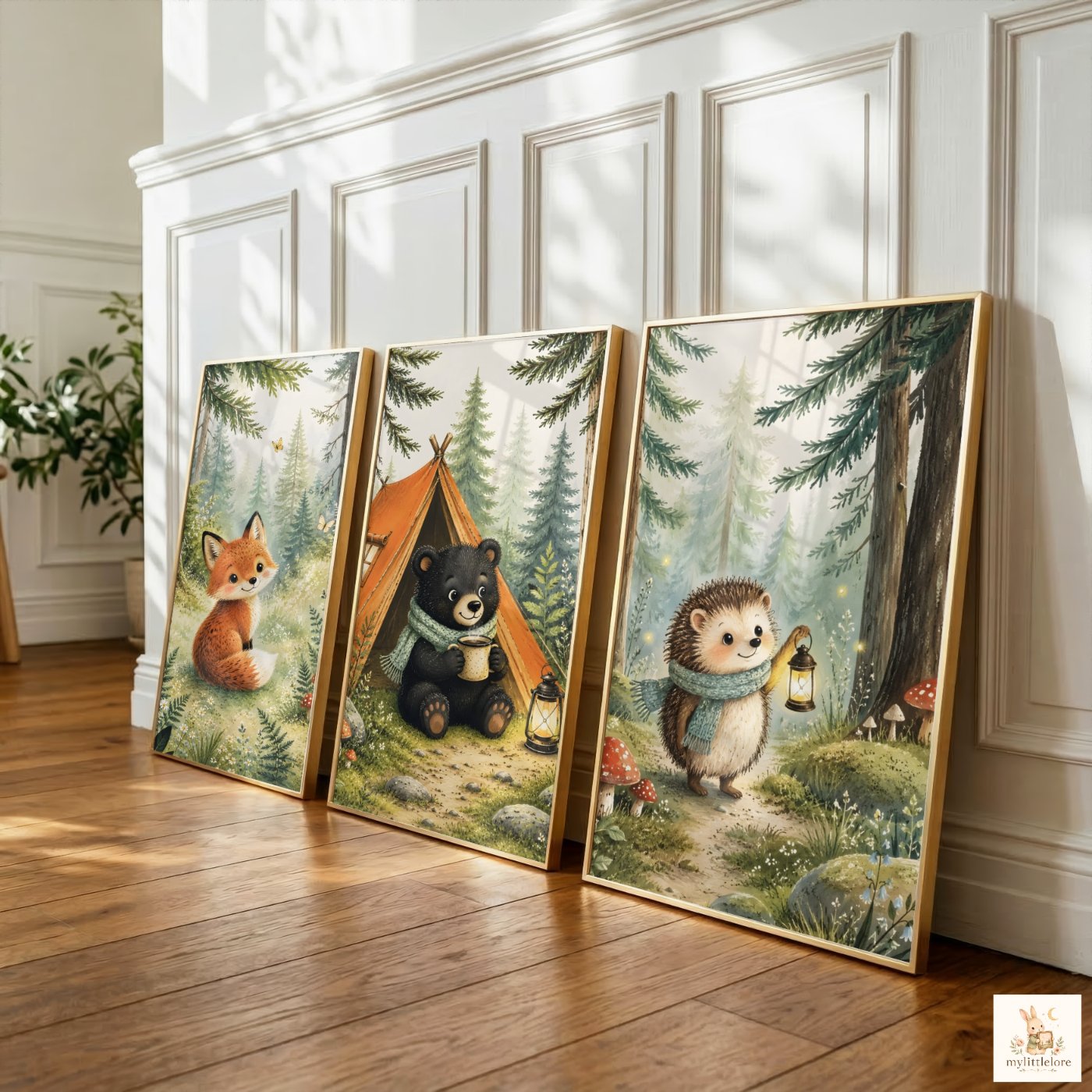Woodland prints framed on a shelf at home
